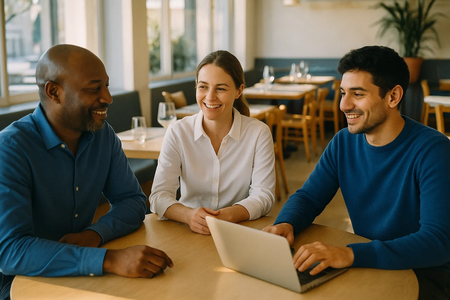 A small hospitality management team reviewing requests together around a table