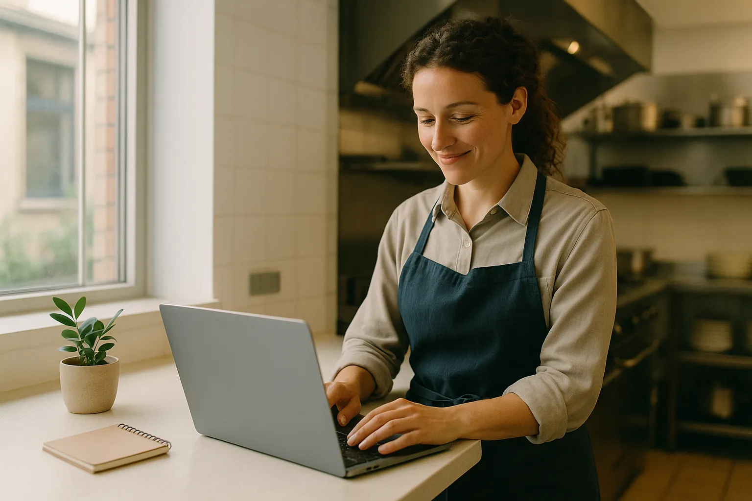 A manager using a laptop at the counter to review leave requests