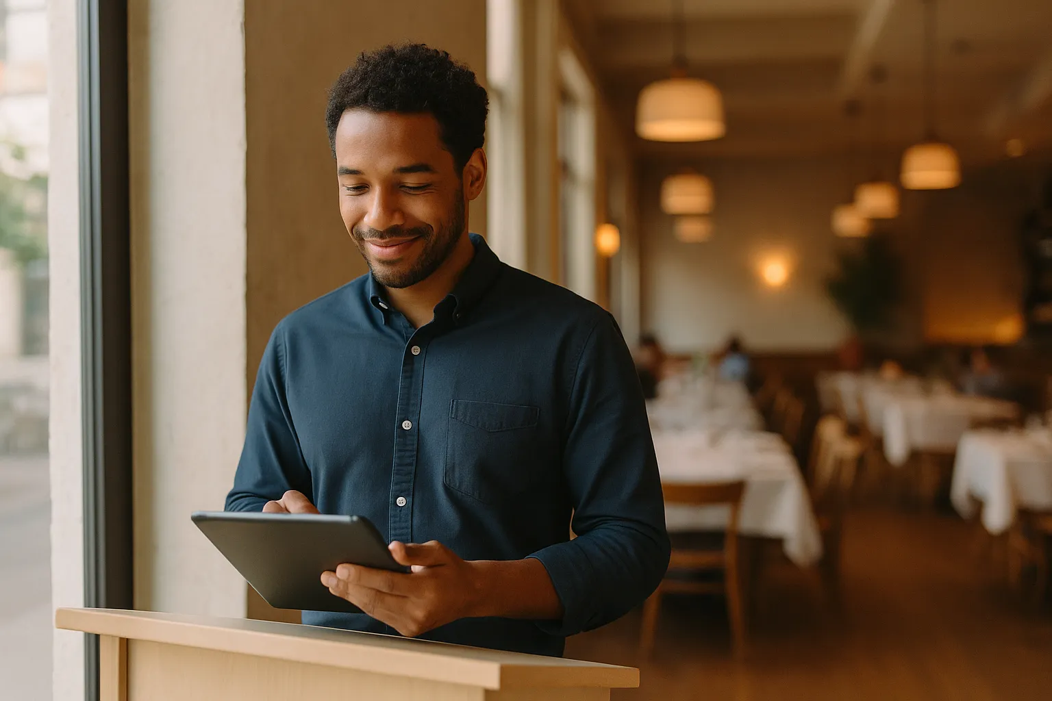 A restaurant host checking a tablet for the evening’s reservations at the entrance