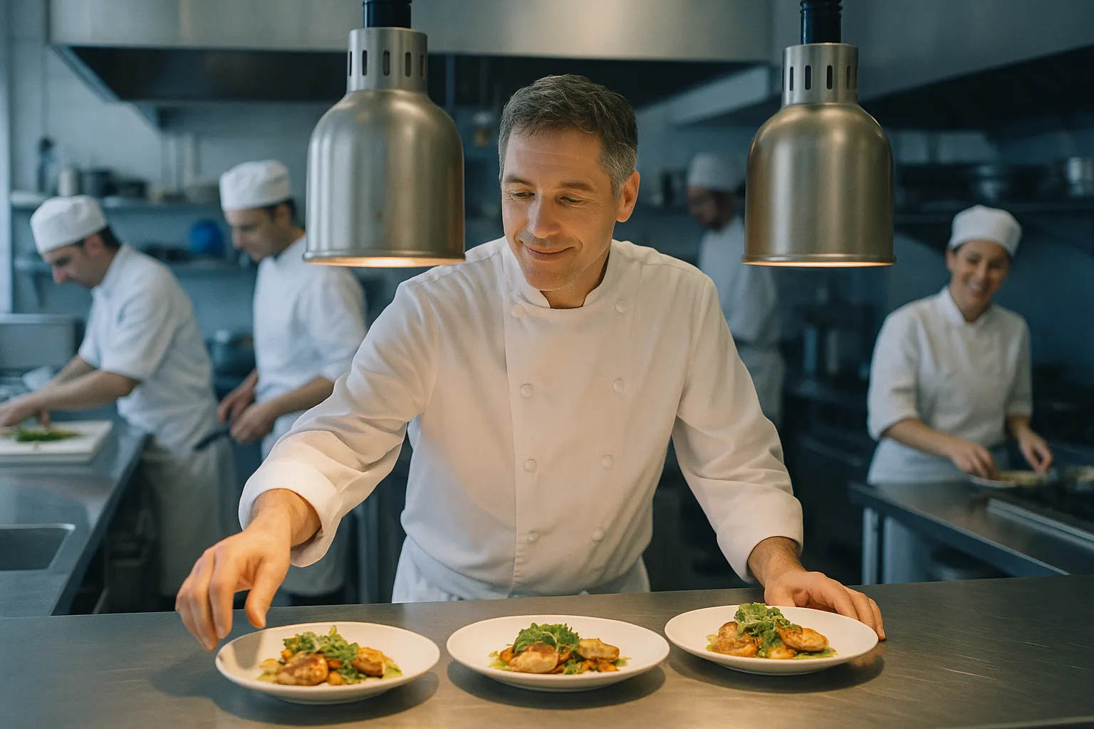 A chef coordinating the pass during a busy kitchen service