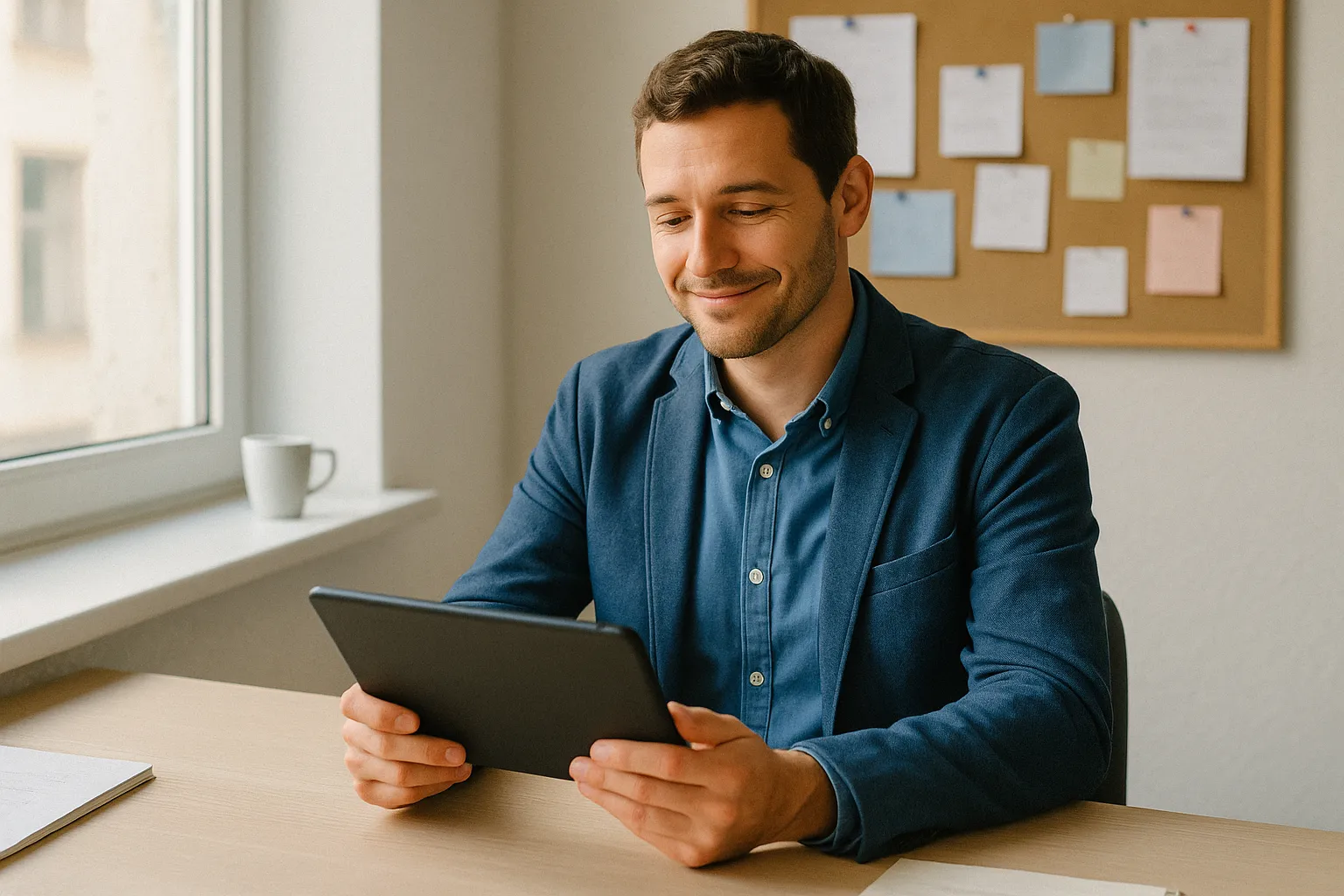 A manager reviewing a generated rota on a tablet at a bright back-of-house desk