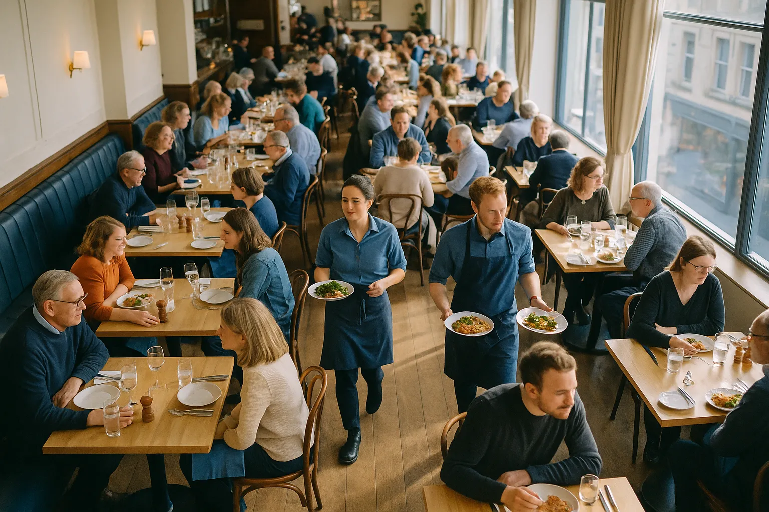 An overhead view of a full restaurant during a busy lunch service