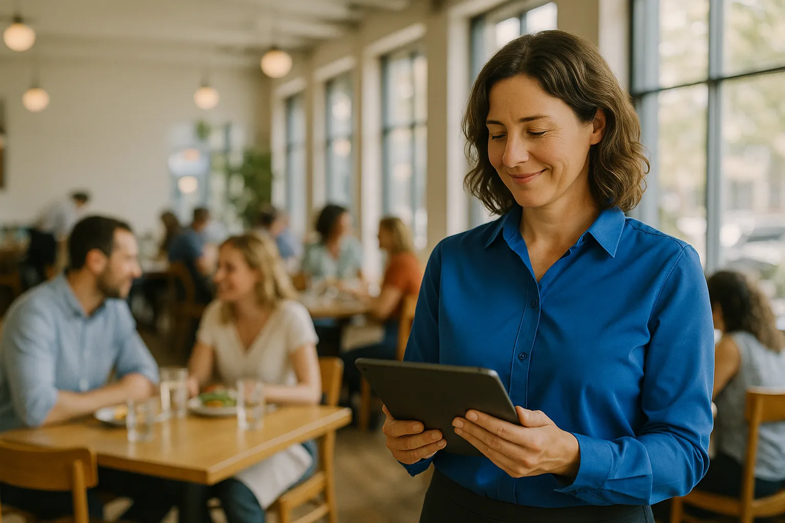 A restaurant manager checking the weekly rota on a tablet during a busy service