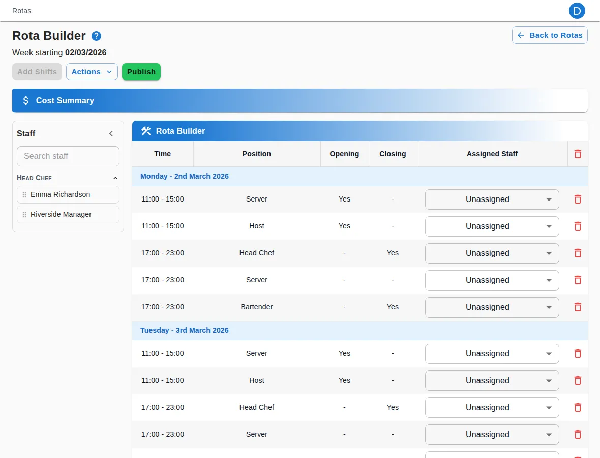 The AutaRota rota builder showing a week of shifts laid out by day, time and position