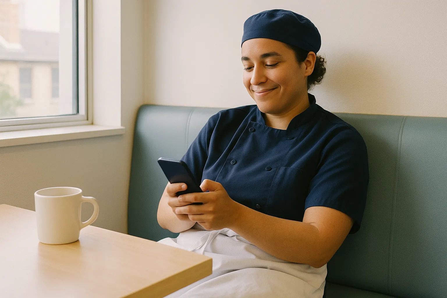 A team member relaxed in a staff break room, checking their phone to submit a leave request