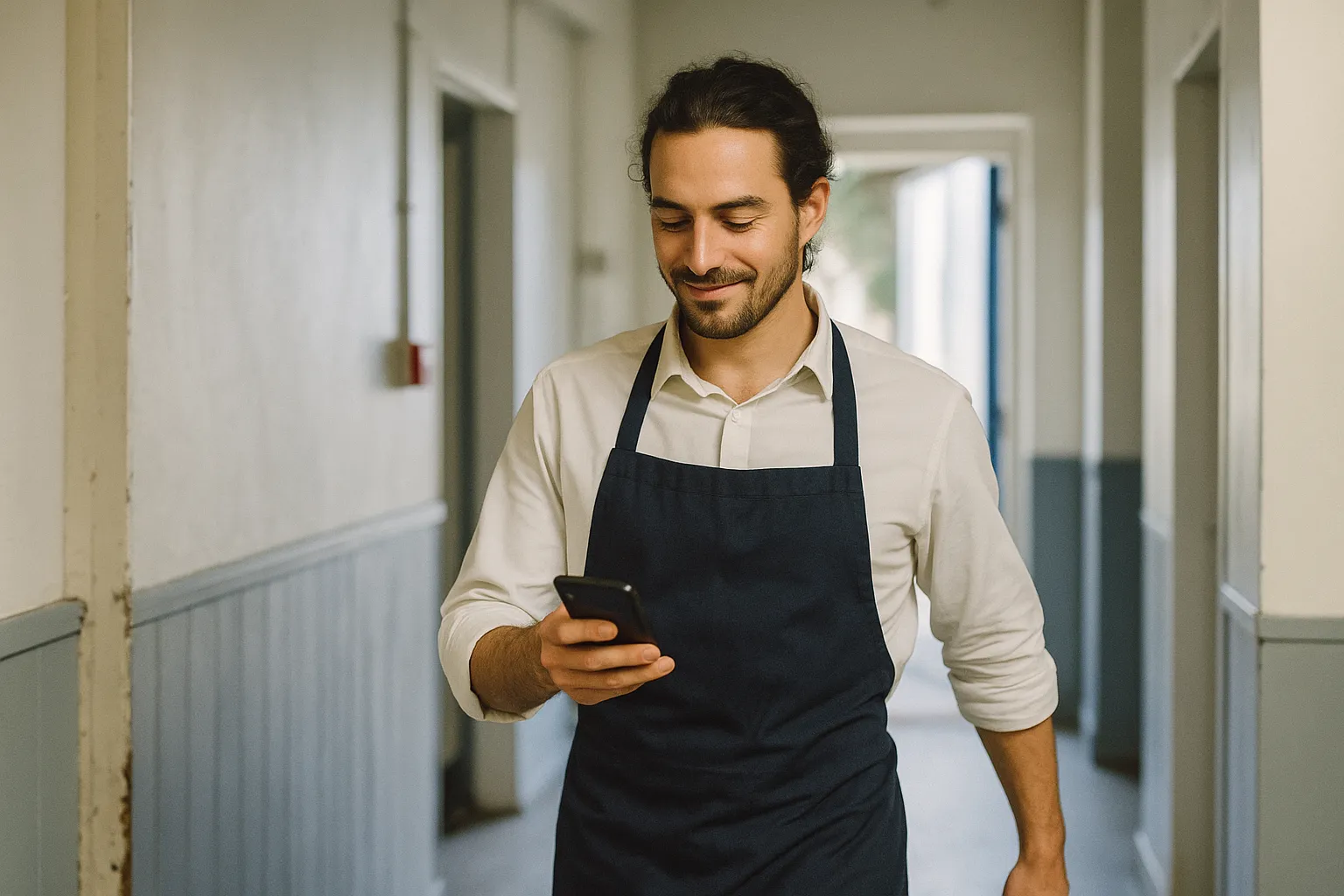 A staff member in an apron glancing at their phone while walking through a staff corridor