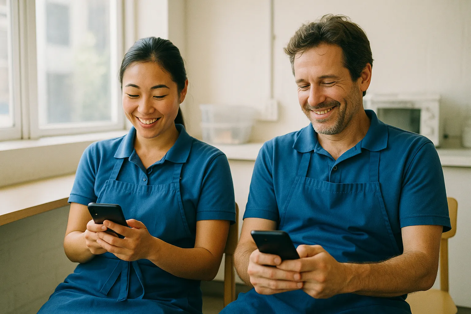 Two team members checking their phones together during a break